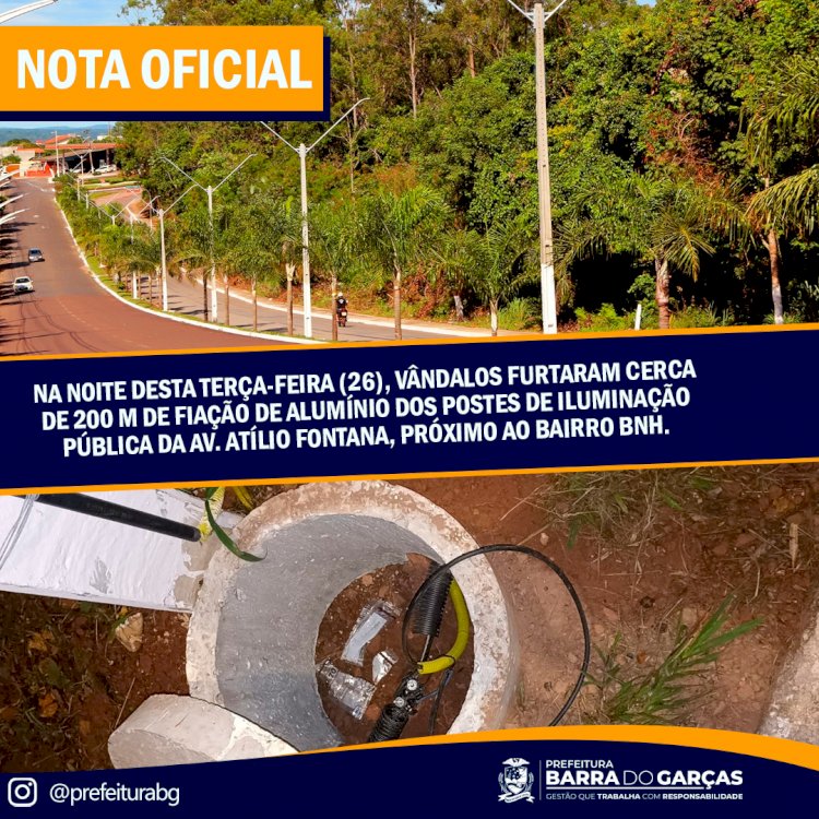 Vândalos furtaram cerca de 200 m de fiação de alumínio dos postes de iluminação pública