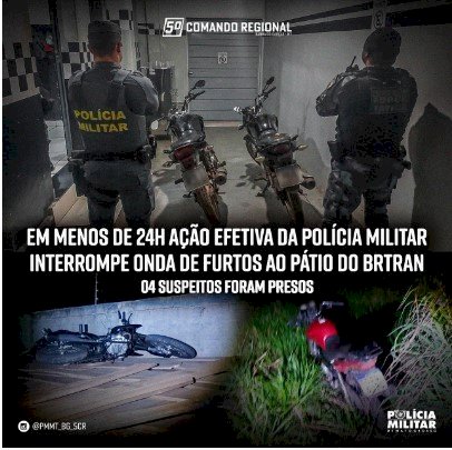 EM MENOS DE 24H AÇÃO EFETIVA DA POLÍCIA MILITAR INTERROMPE ONDA DE FURTOS AO PÁTIO DO BRTRAN - 04 SUSPEITOS FORAM PRESOS